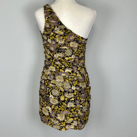 Zara Womens One Shoulder Floral Ruched Bodycon Mini Dress Yellow Purple Small - Picture 7 of 12